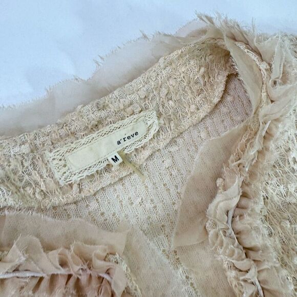 A'reve Sweater Cardigan Womens Medium Knit Lace 3/4 Sleeve Dainty Open Cream - Picture 3 of 7